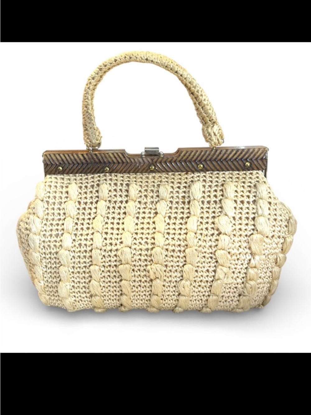 Vintage Japanese woven satchel handbag w/carved wooden top Women’s purse